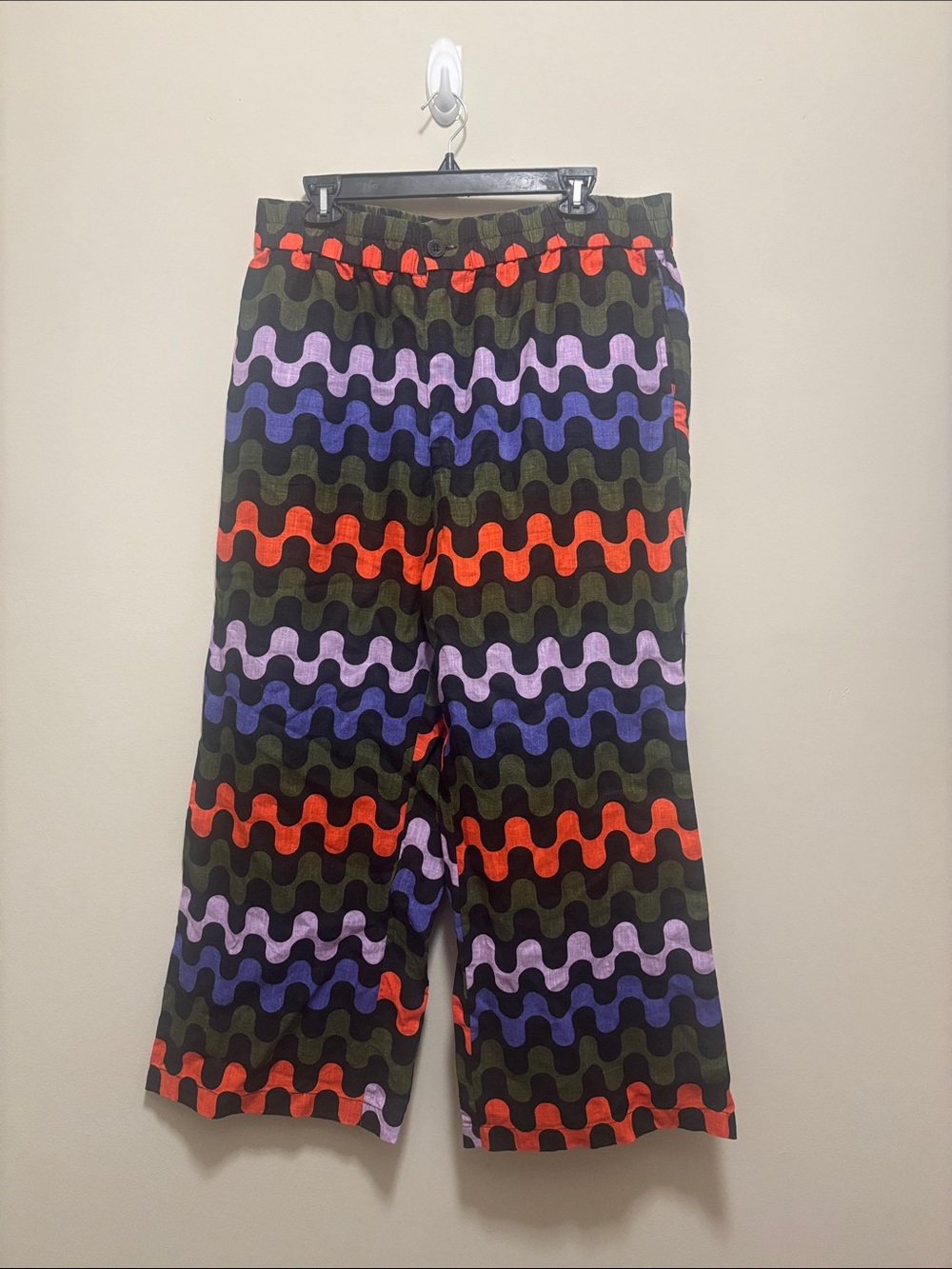 Ditto Art linen Wavy Geometric Pattern Pull-On Pants in Olive, Orange & Purple